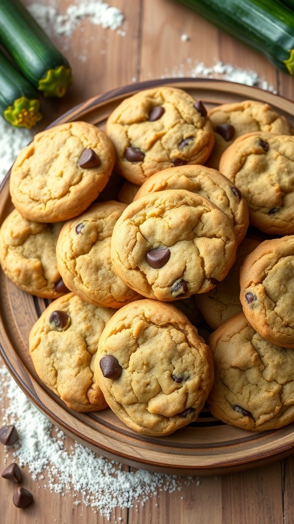 A plate of chewy zucchini cookies with chocolate chips, surrounded by fresh zucchinis and flour on a wooden table.